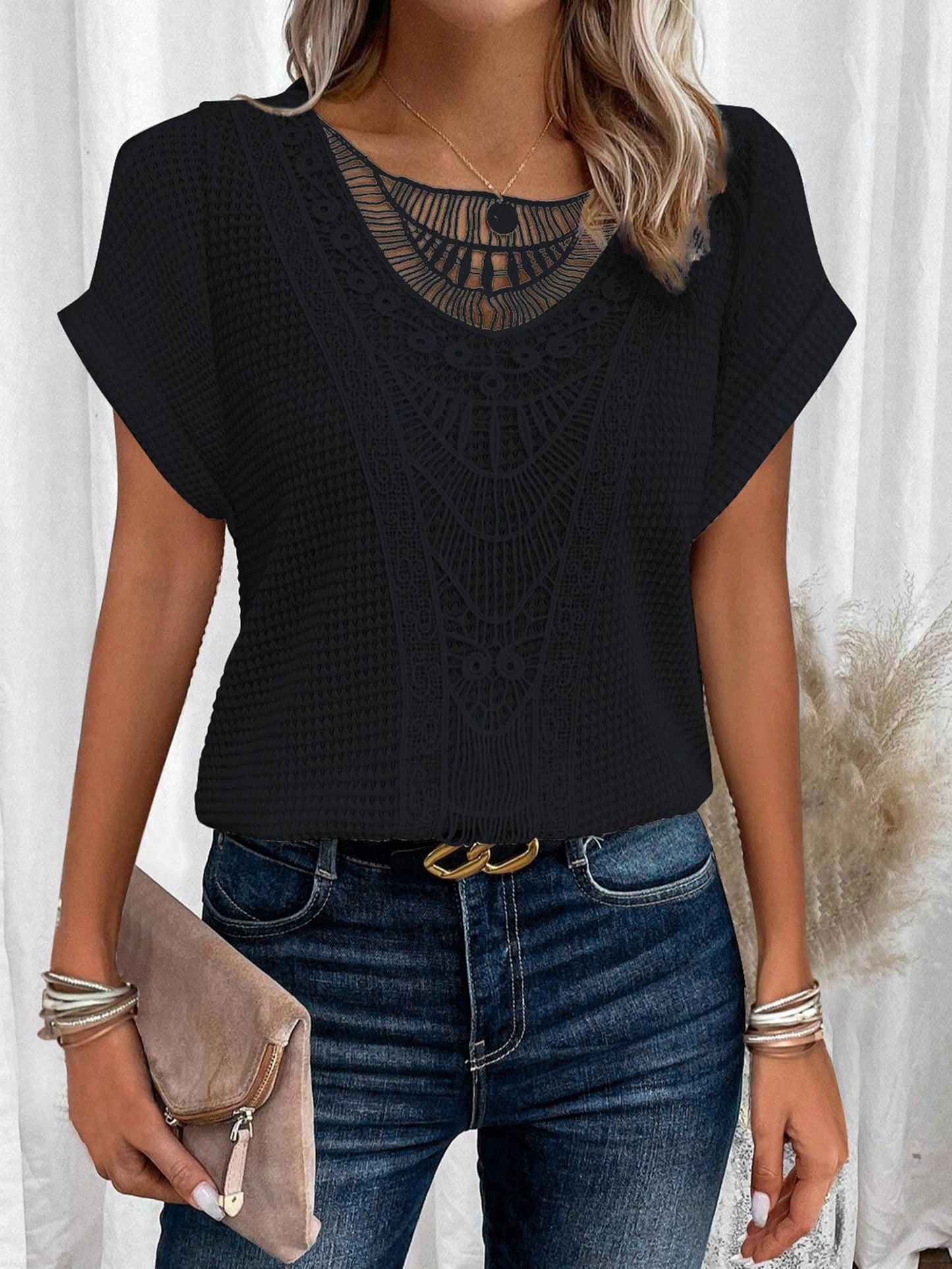 Lace Patchwork Short Sleeved Top