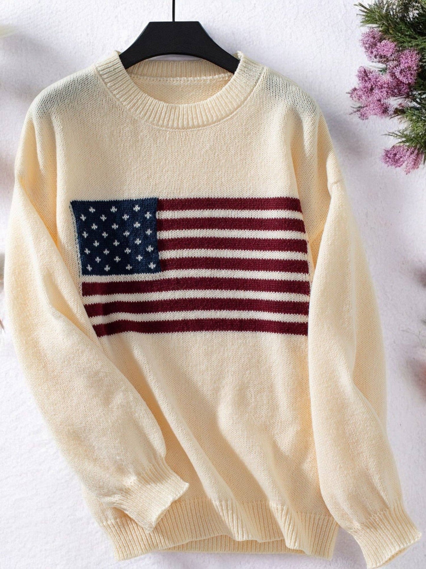 Women's American Flag Knit Sweater with Crew Neck and Long Sleeves
