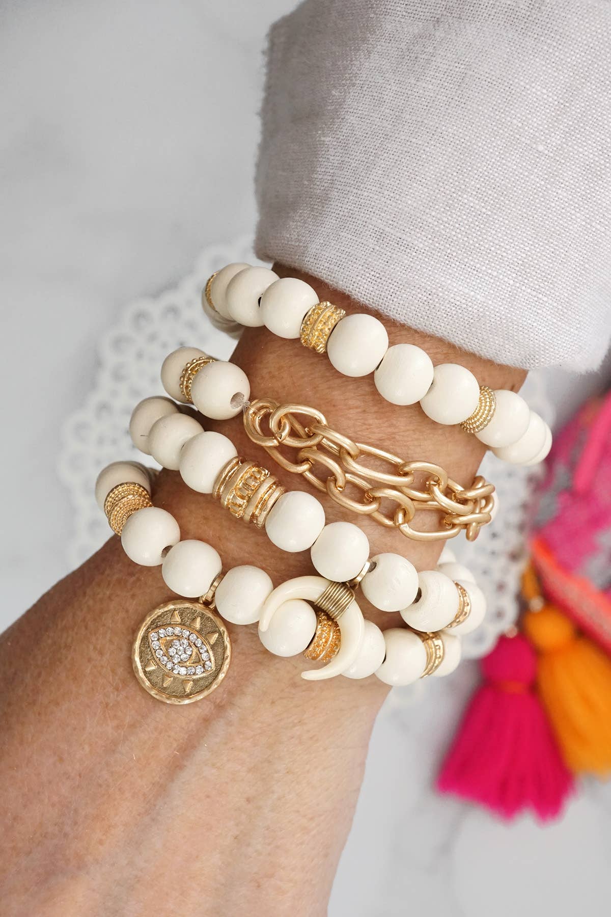 Beaded Boho Bracelets set of 4 Gold Coin Cream wood beads