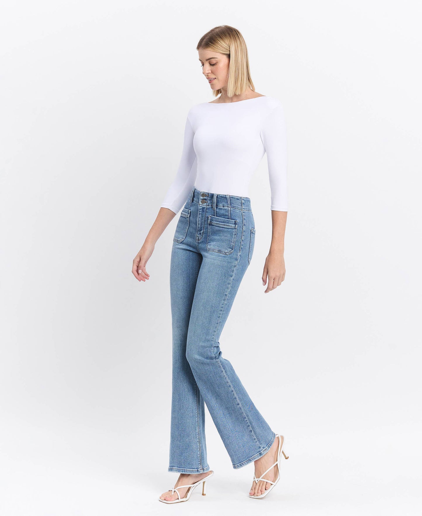 Flying Monkey High Rise Front Pocket with Dart Detail Flare Jeans