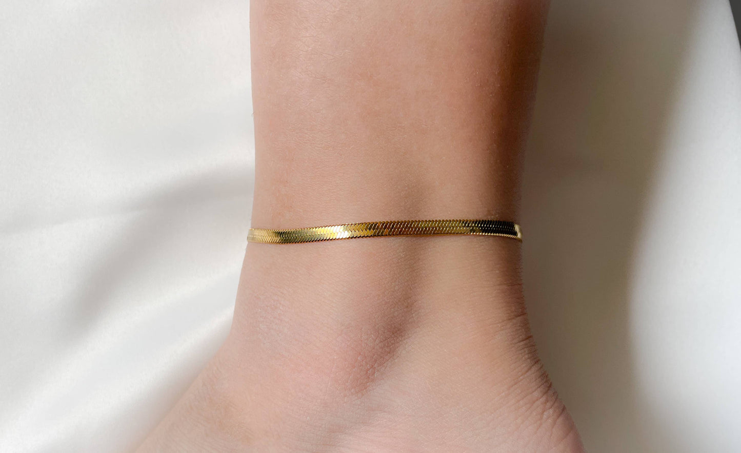 Gold Herringbone Anklet - Stainless Steel Snake Chain Anklet