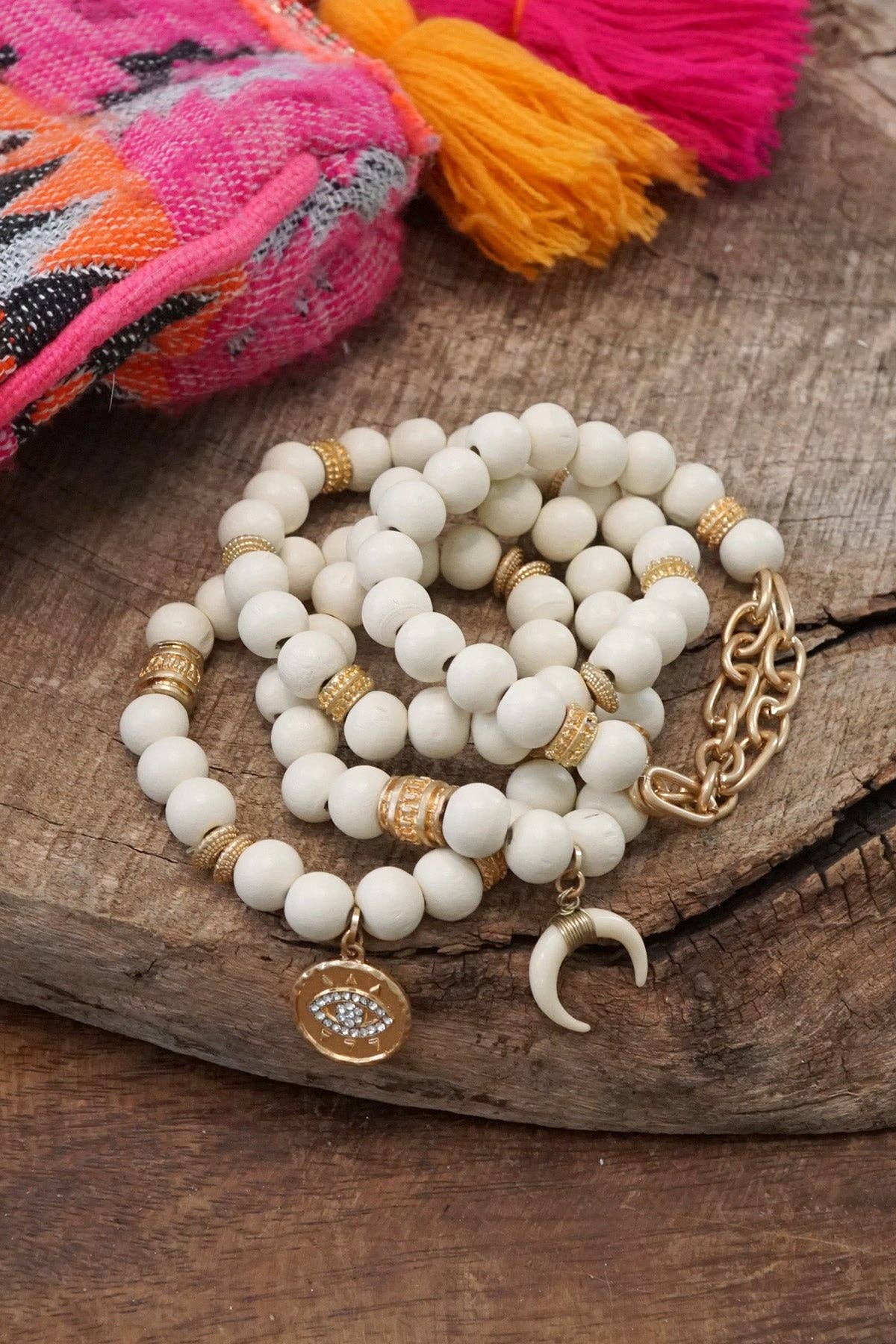 Beaded Boho Bracelets set of 4 Gold Coin Cream wood beads