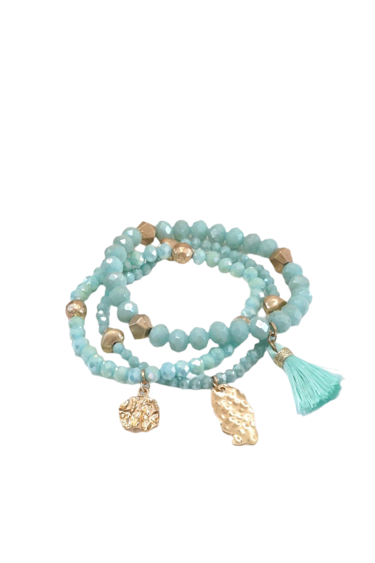 Beaded bracelet stack with tassel coin Aqua Taupe Rose Black