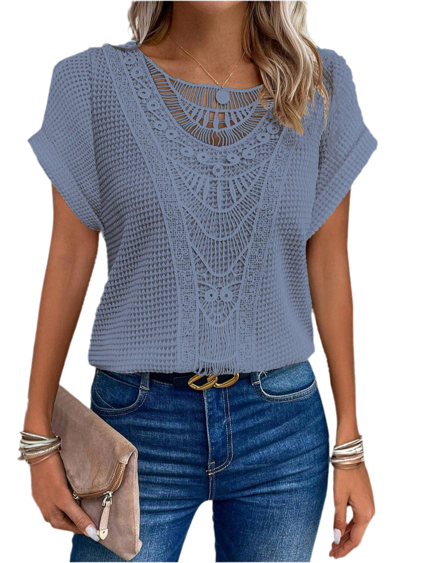 Lace Patchwork Short Sleeved Top