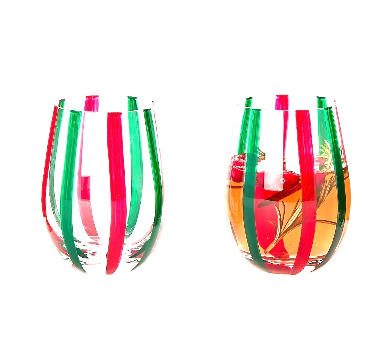 Holiday Cheer Set of 4 Red and Green Stripes Hand-Painted Stemless Wine Glass