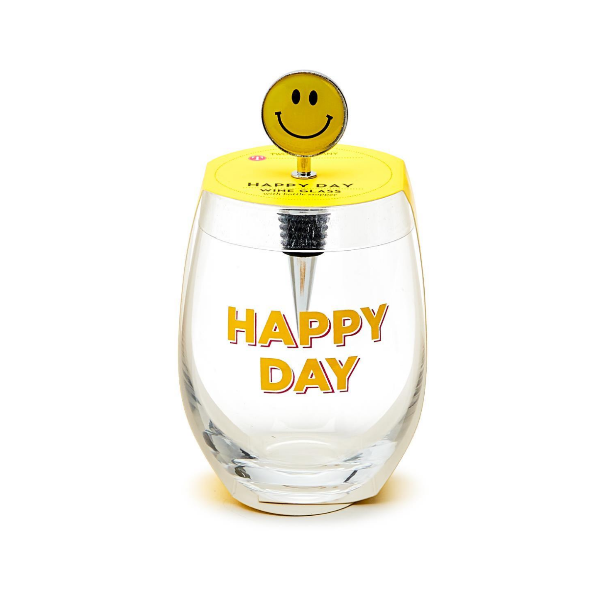 Happy Day Stemless Wine Glass with Smile Face Wine Stopper
