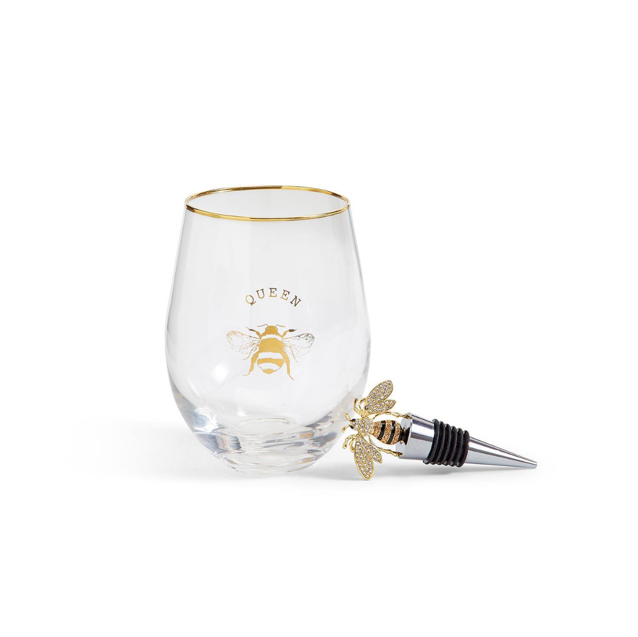 Queen Bee Stemless Wine Glass with Jeweled Bee Wine Stopper