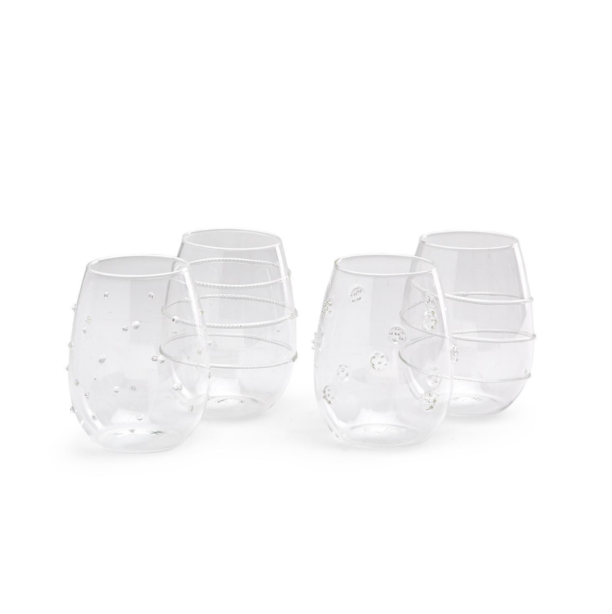 Verre Stemless Wine Glass Assorted 4 Designs: Flower, Spiral, Dots, Rings