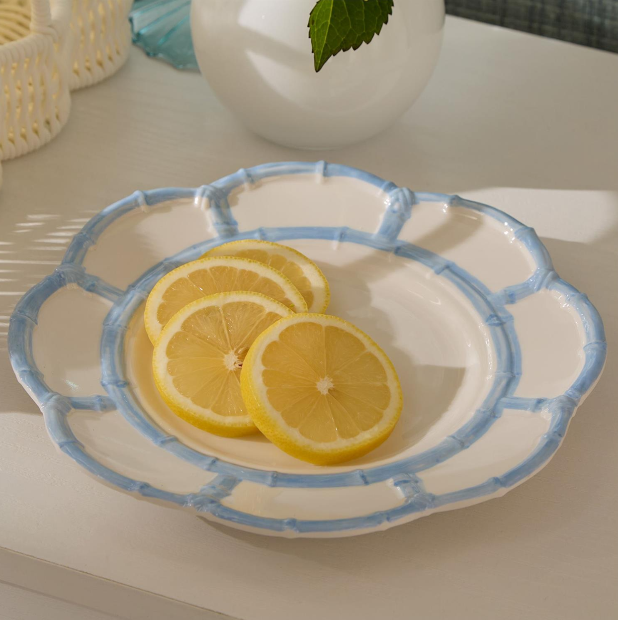 French Blue Bamboo Touch Set of 4 Salad / Dessert Plates with Bamboo Rim