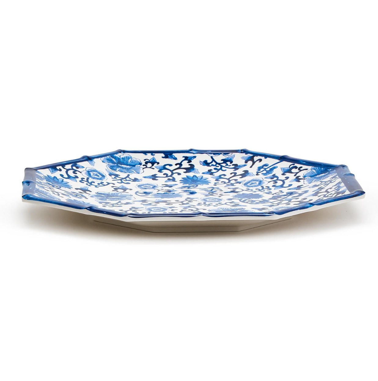 Set of 4 Chinoiserie Touch Octagonal Dinner Plate with Bamboo Rim