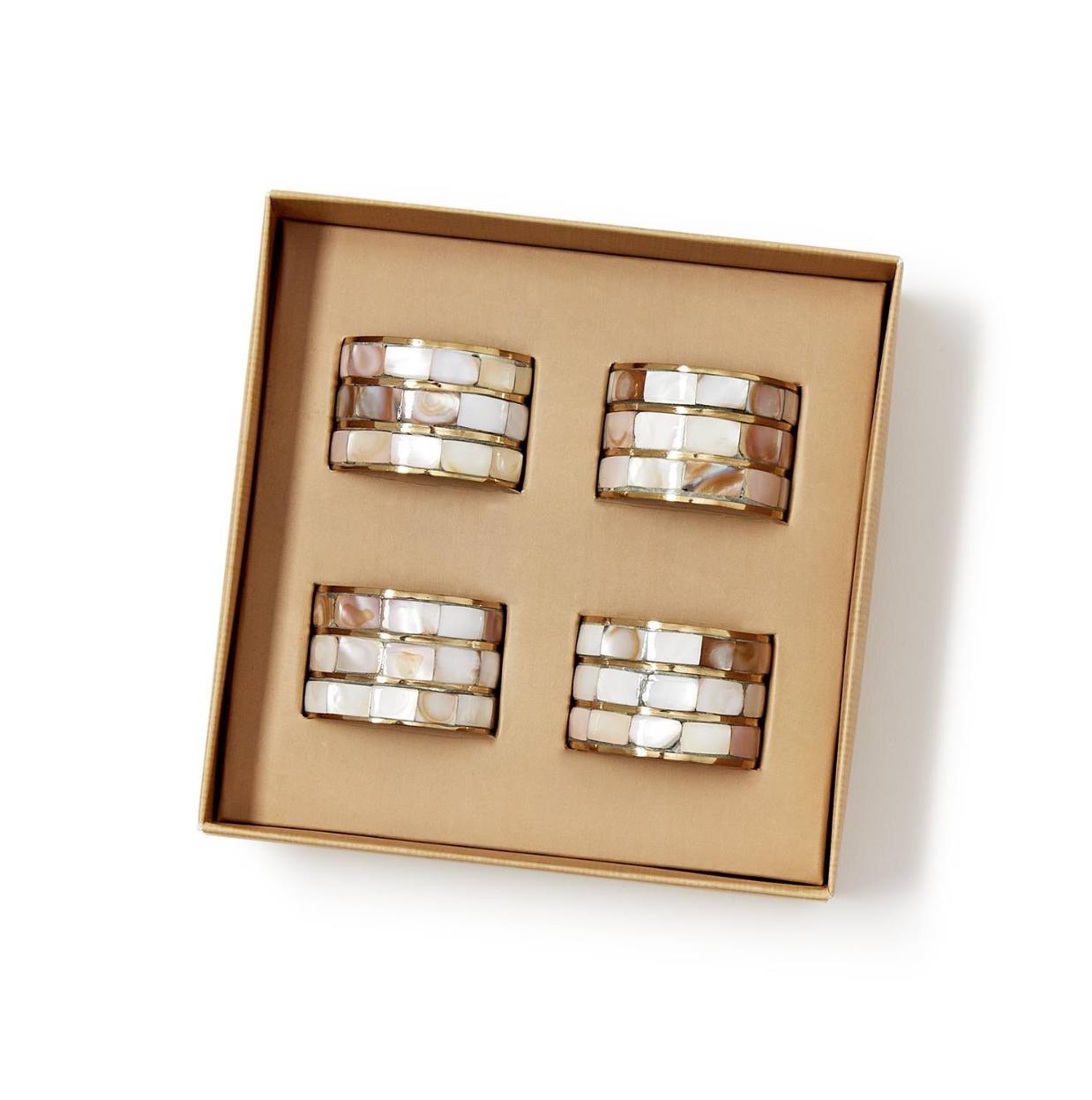 Set of 4 Mother of Pearl Napkin Ring Holder in Gift Box - MOP/Brass