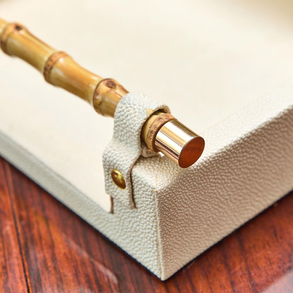 Set of 2 Antique Cream Faux Stingray Embossed Faux Leather Decorative Rectangle Tray with Genuine Bamboo Handles