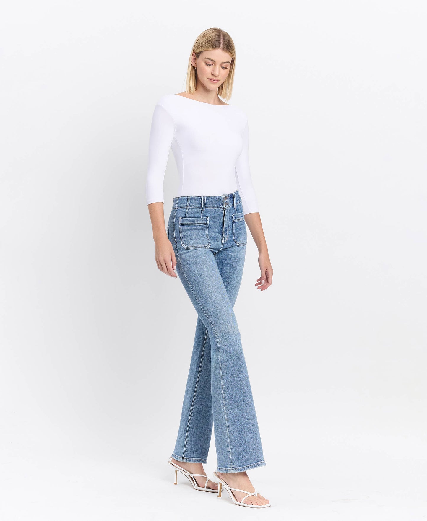 Flying Monkey High Rise Front Pocket with Dart Detail Flare Jeans