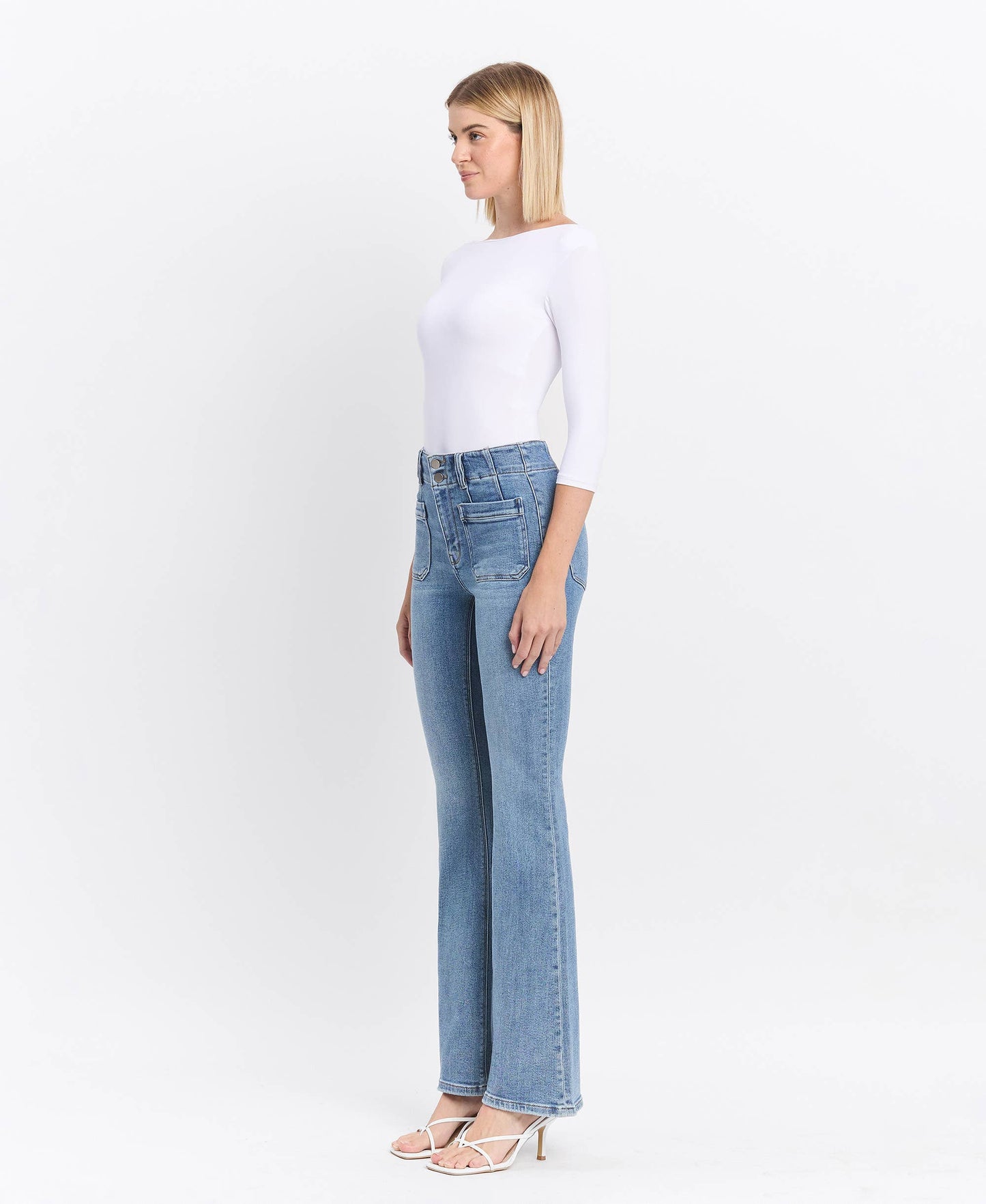 Flying Monkey High Rise Front Pocket with Dart Detail Flare Jeans