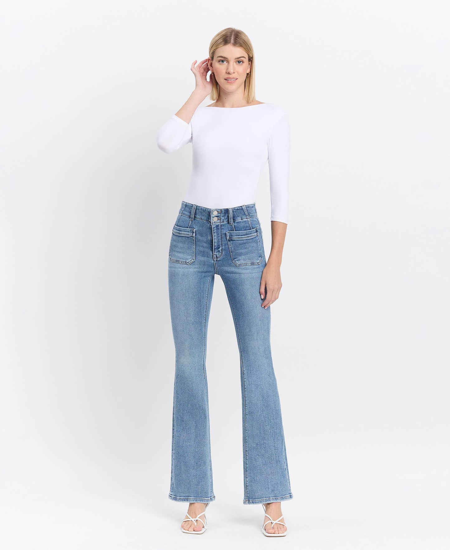 Flying Monkey High Rise Front Pocket with Dart Detail Flare Jeans