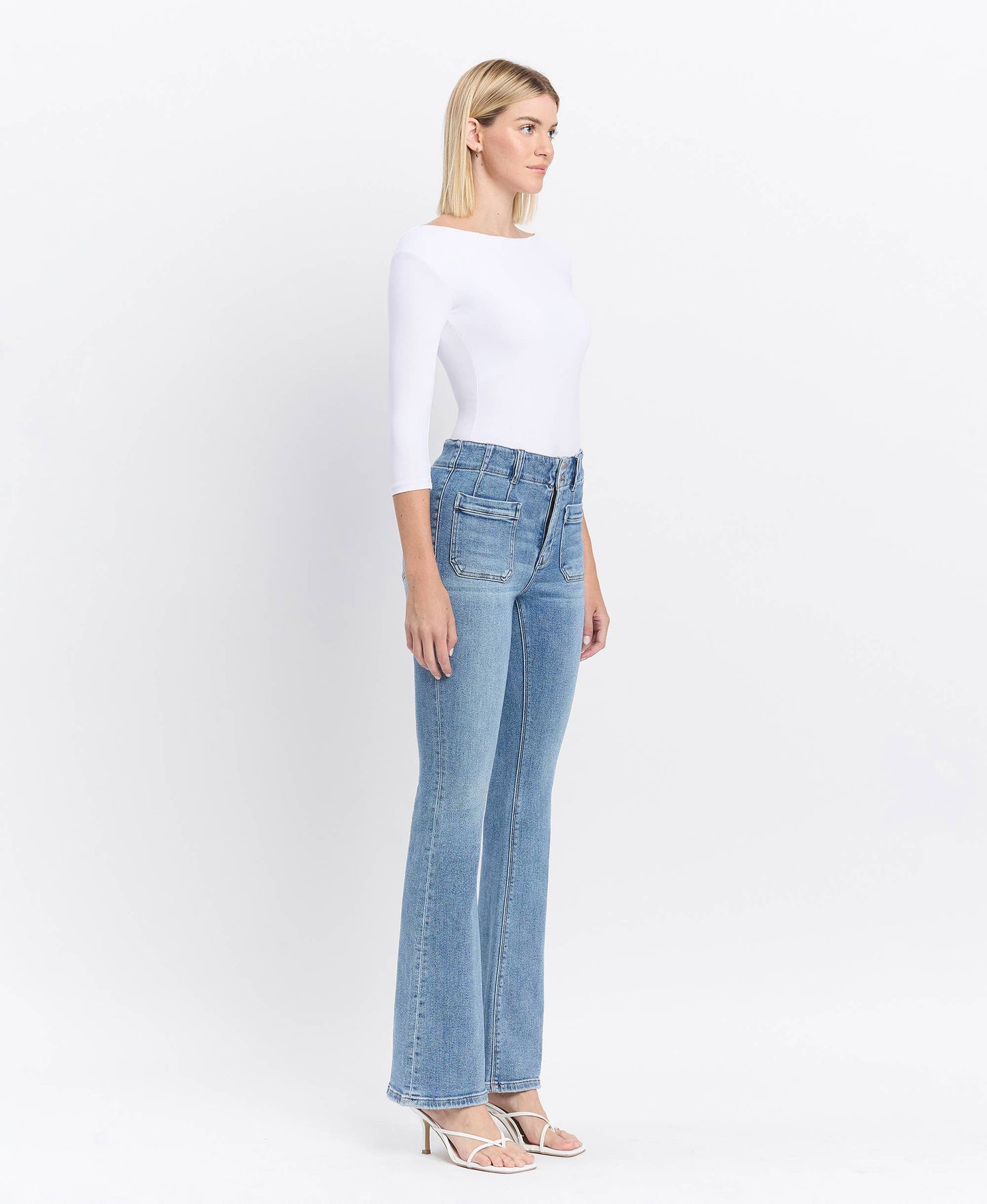Flying Monkey High Rise Front Pocket with Dart Detail Flare Jeans