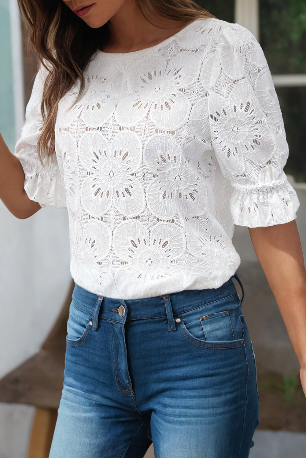 LDC Flower Jacquard Keyhole Flounce Sleeve Top