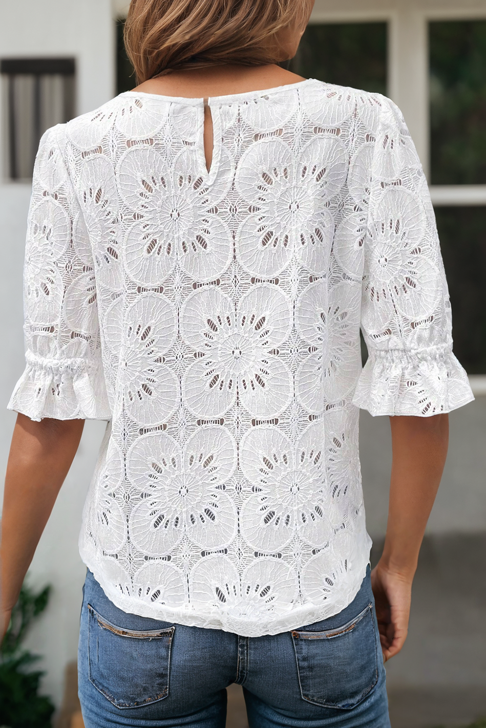 LDC Flower Jacquard Keyhole Flounce Sleeve Top