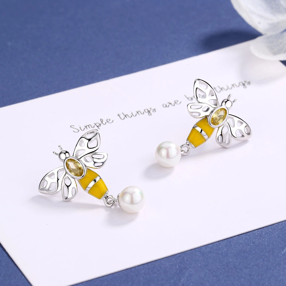 Sterling Silver Bee Earrings with Swarovski Pearl & Crystals