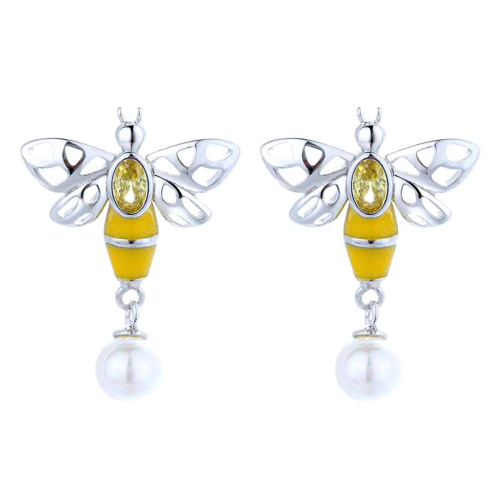 Sterling Silver Bee Earrings with Swarovski Pearl & Crystals