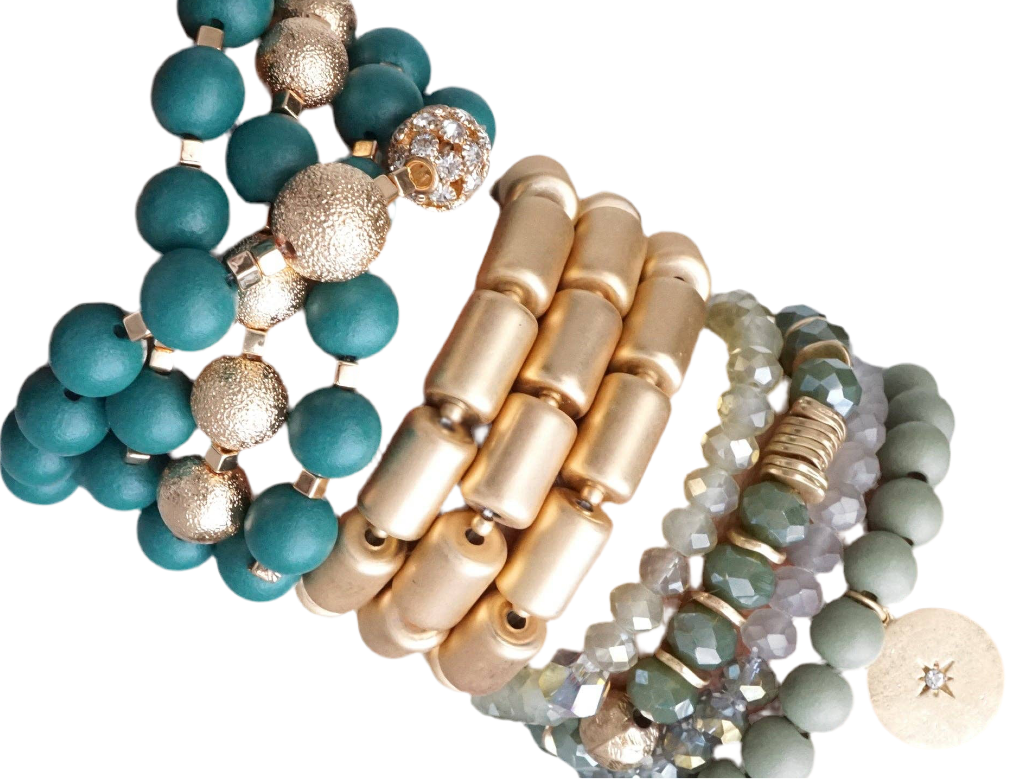 Beaded bracelets stack in Olive green with a coin charm