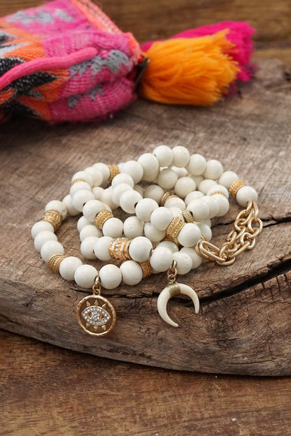 Beaded Boho Bracelets set of 4 Gold Coin Cream wood beads