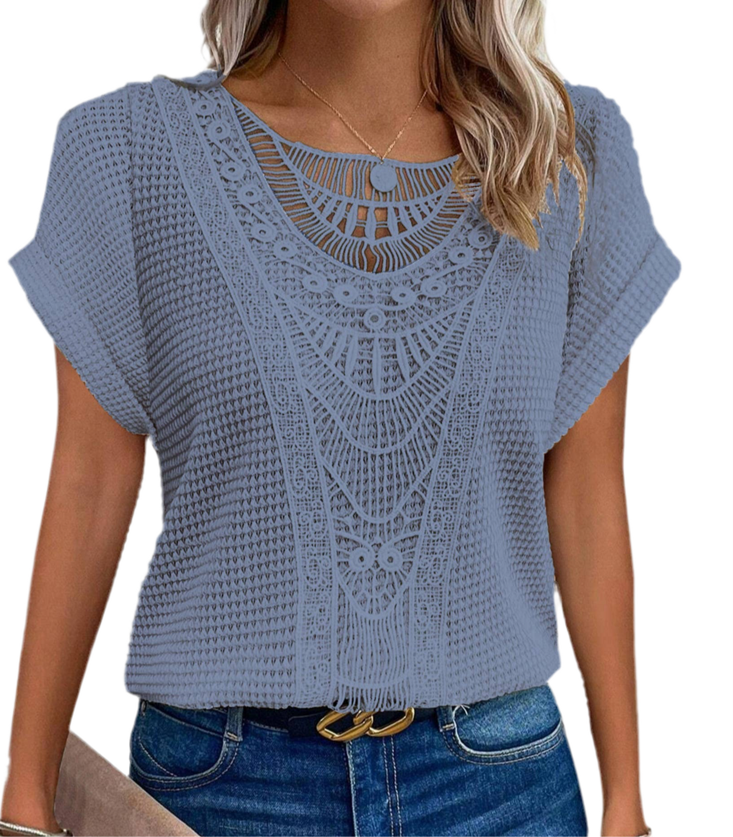 Lace Patchwork Short Sleeved Top