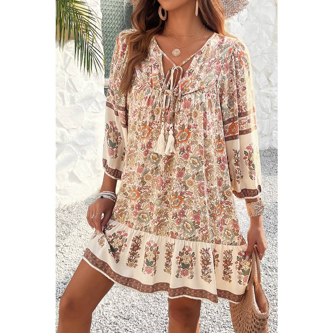 Ruched Bohe Print V Neck Ruffle Hem Tassel Dress