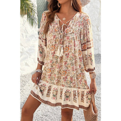 Ruched Bohe Print V Neck Ruffle Hem Tassel Dress
