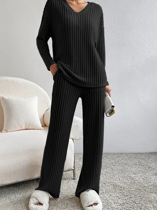 Lovesoft: Ribbed Knit V Neck Slouchy Two-Piece Outfit