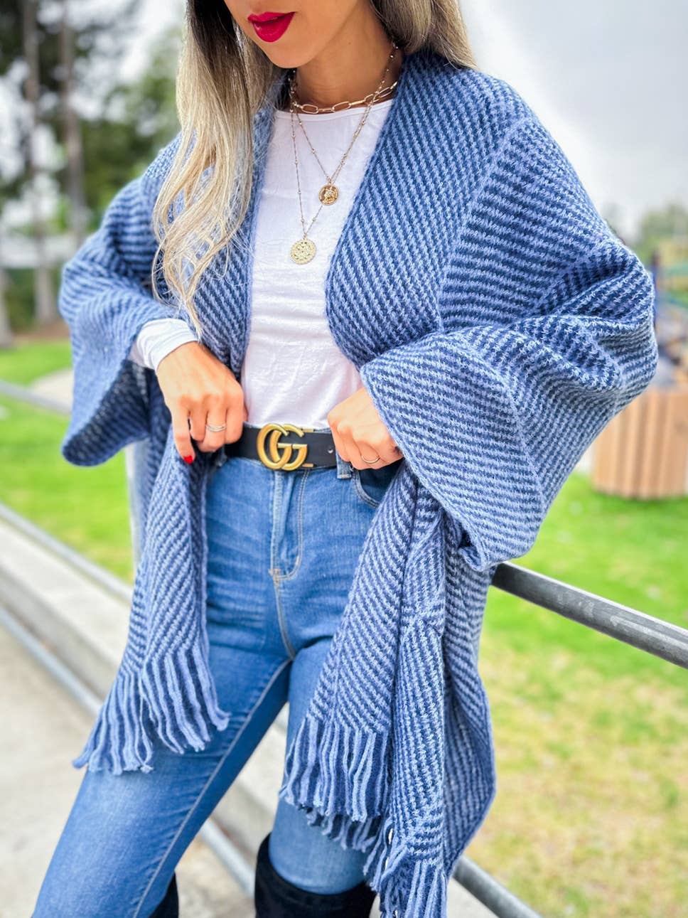 Navy Chevron Knitted Ruana Cardigan with Tassels and Pockets