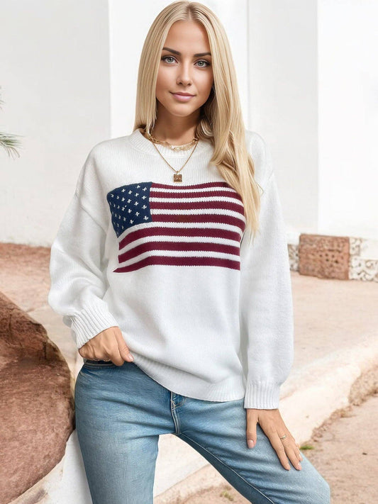 Women's American Flag Knit Sweater with Crew Neck and Long Sleeves