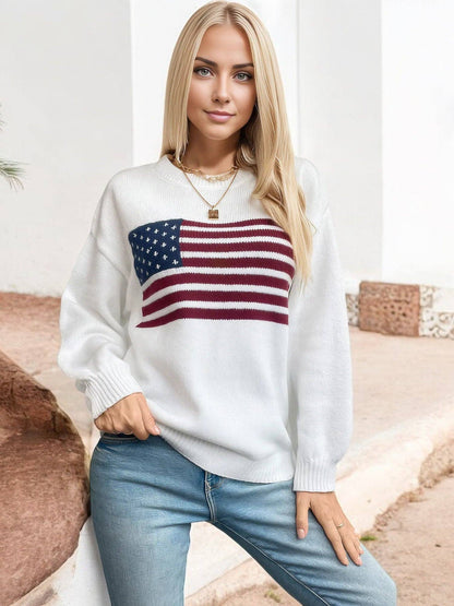 Women's American Flag Knit Sweater with Crew Neck and Long Sleeves
