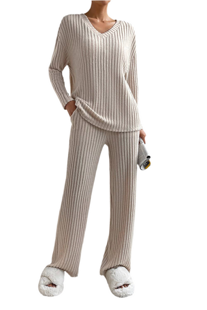 Ribbed Knit V Neck Slouchy Two-piece Outfit