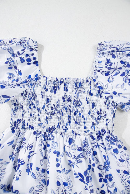 Floral Print Square Neck Bubble Sleeve High Waist Maxi Dress