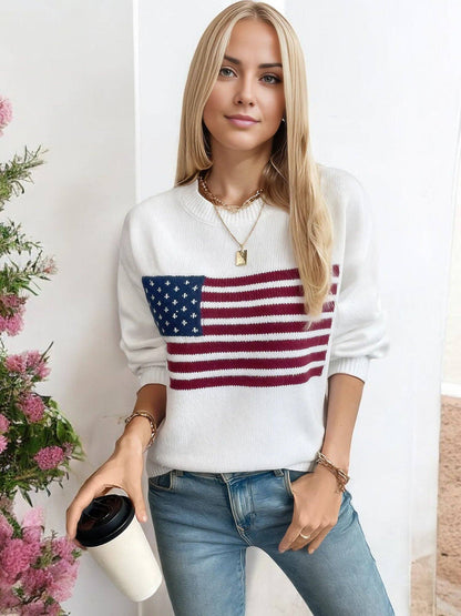 Women's American Flag Knit Sweater with Crew Neck and Long Sleeves