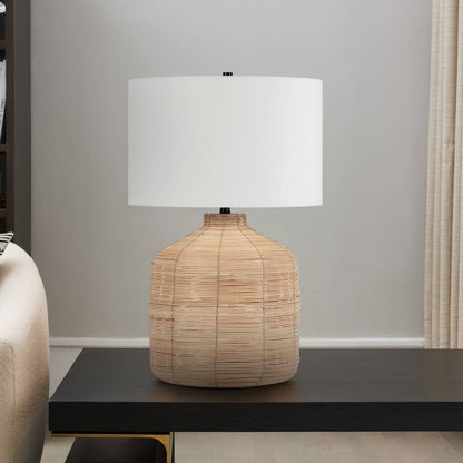 27" Natural Rattan Table Lamp With White Drum Shade SET OF 2