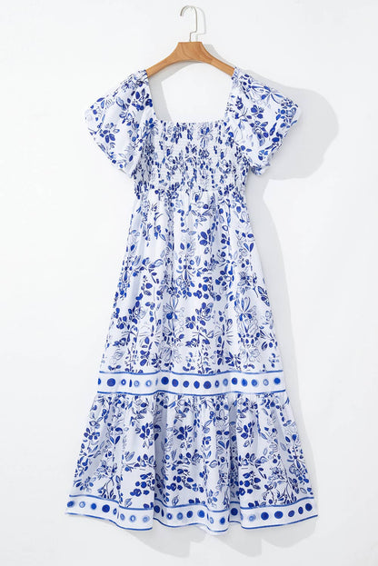 Floral Print Square Neck Bubble Sleeve High Waist Maxi Dress