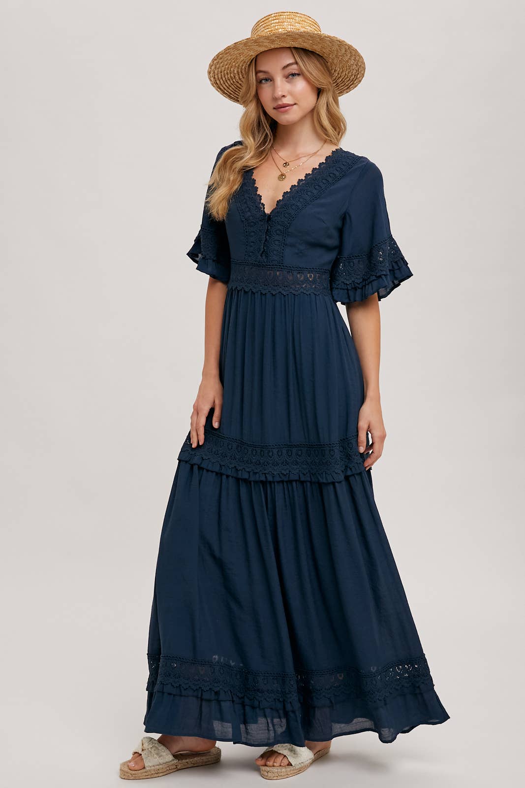 V-Neck Lace Trim Maxi Dress