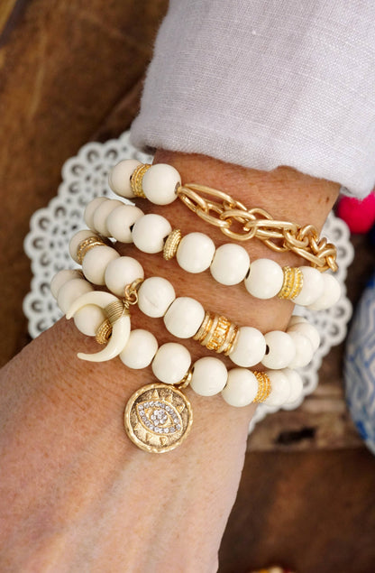 Beaded Boho Bracelets set of 4 Gold Coin Cream wood beads
