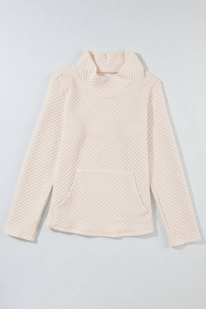 Apricot High Neck Kangaroo Pocket Quilted Sweatshirt