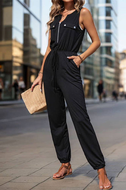 Zipper Down Drawstring Waist Sleeveless Jumpsuit