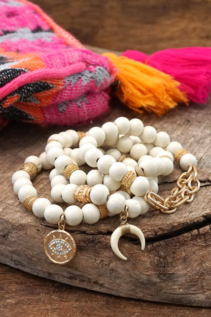 Beaded Boho Bracelets set of 4 Gold Coin Cream wood beads
