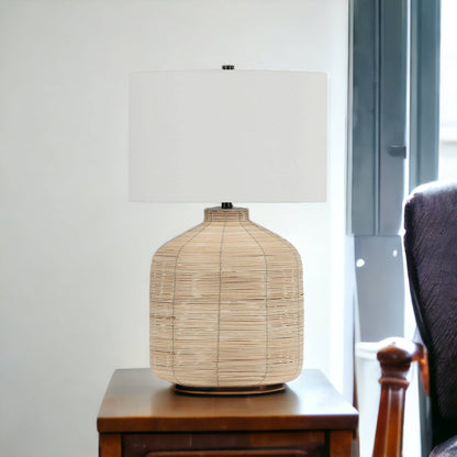 27" Natural Rattan Table Lamp With White Drum Shade SET OF 2