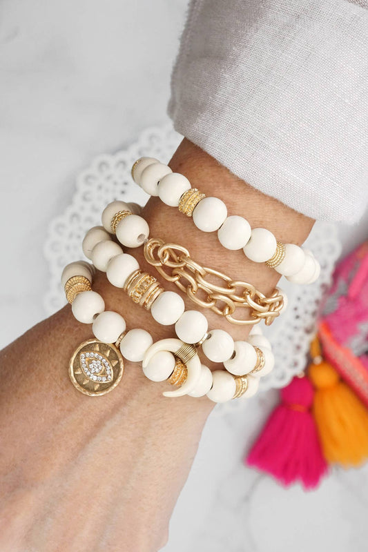 Beaded Boho Bracelets set of 4 Gold Coin Cream wood beads