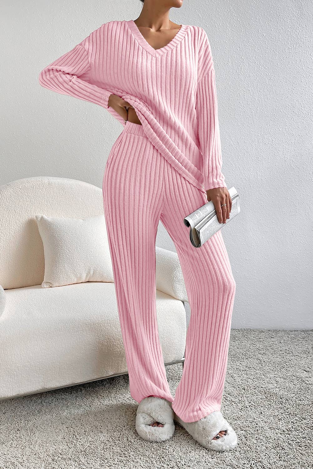 Ribbed Knit V Neck Slouchy Two-piece Outfit