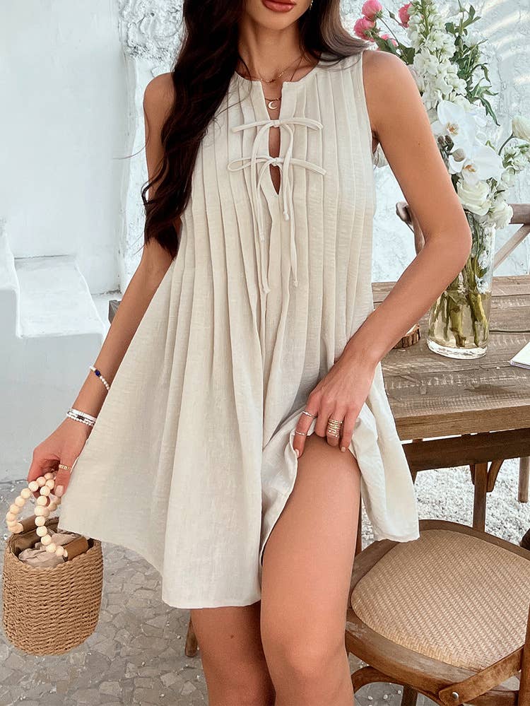 Tie Pleated Sleeveless Dress