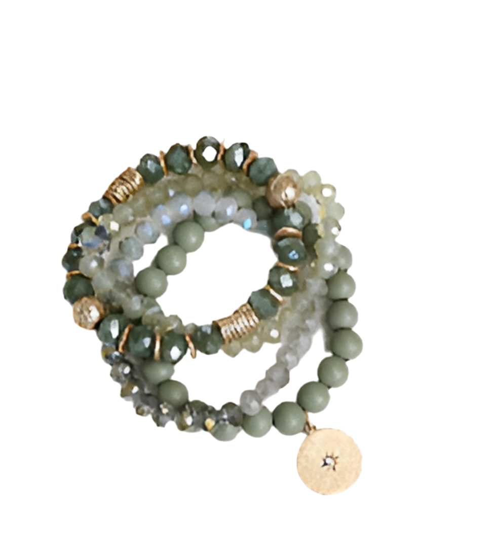 Beaded bracelets stack in Olive green with a coin charm