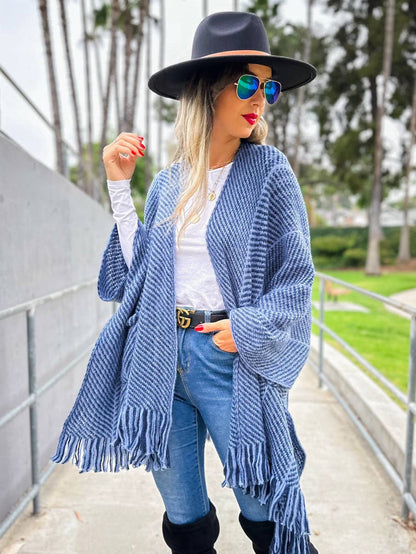Navy Chevron Knitted Ruana Cardigan with Tassels and Pockets