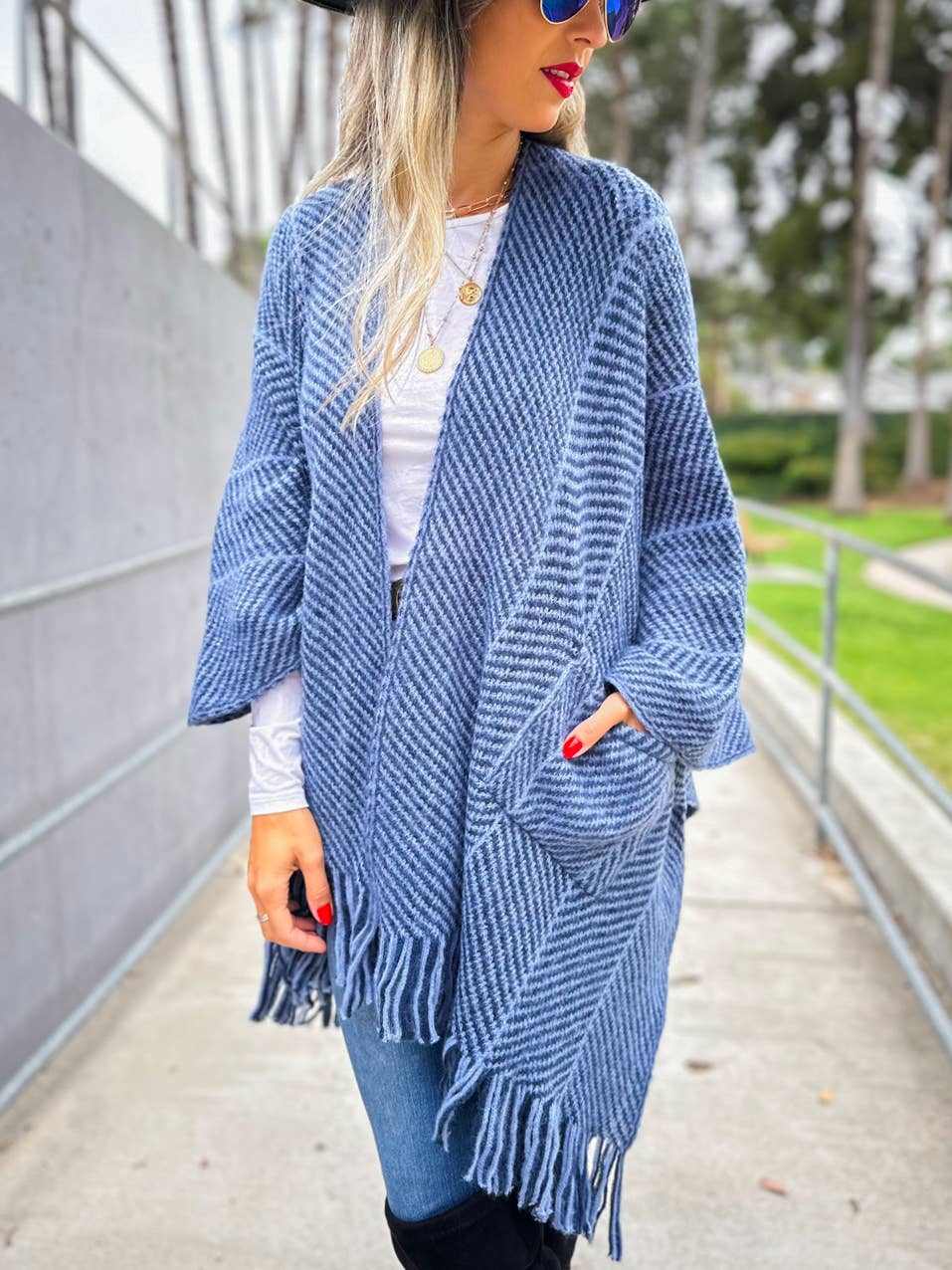 Navy Chevron Knitted Ruana Cardigan with Tassels and Pockets